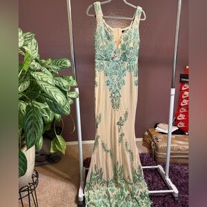 Beaded Champagne Evening Gown with Mint Green Appliqué